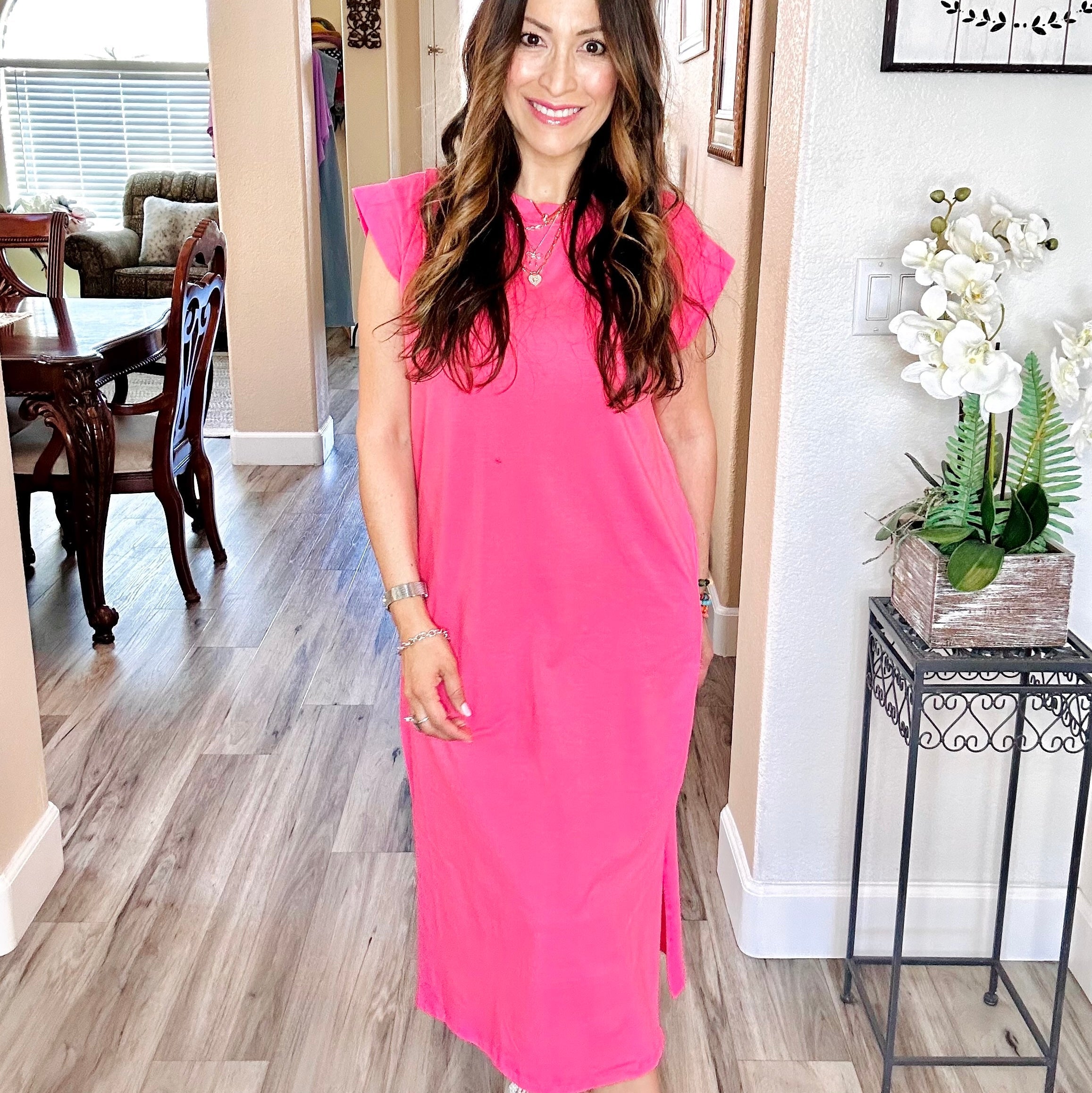 Round Neck Short Sleeve Midi Dress | S-XL
